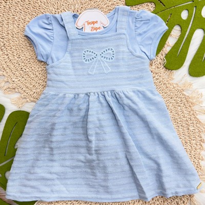 Conj. Blusa Manga Curta e Vestido em Linho com Laço em Lese - Azul Claro